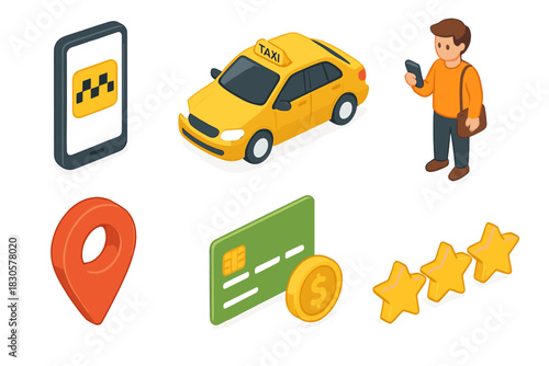 Isometric taxi service icons with male character and smartphone