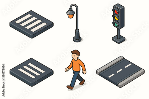 Collection of traffic icons featuring pedestrian, traffic light, streetlamp, and crosswalks