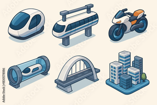 Futuristic transportation icons featuring train, monorail, motorcycle, hyperloop, bridge, and buildings