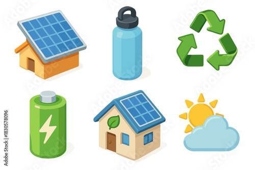 Sustainable living: solar homes, eco-friendly bottles, recycling, renewable energy symbols
