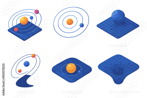 Abstract illustrations of orbital paths and gravitational concepts