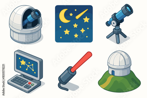Astronomy set: observatory, telescope, night sky, constellation computer, telescope