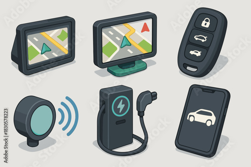 Isometric car technology icons: navigation, charging, remote key, and sensor