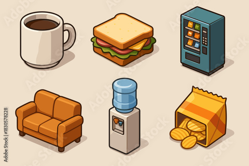 Office break essentials: coffee, sandwich, vending machine, couch, water cooler, snack bag