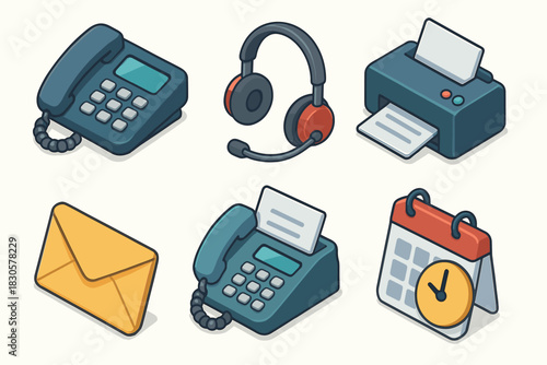 Office equipment icons: phone, headset, printer, envelope, calendar