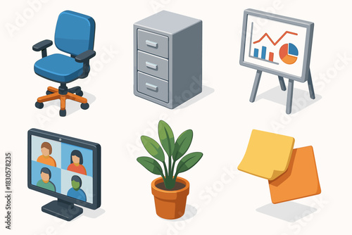 Office supplies and equipment: chair, cabinet, chart, video call, plant, sticky notes