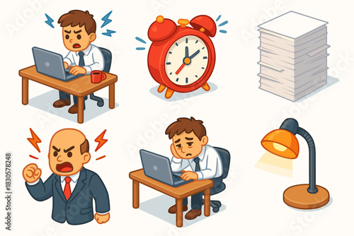 Cartoon office stress: angry boss, tired workers, alarm clock, stack of papers, desk lamp
