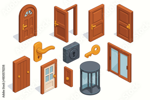 Isometric door and key set featuring various designs and lock mechanisms