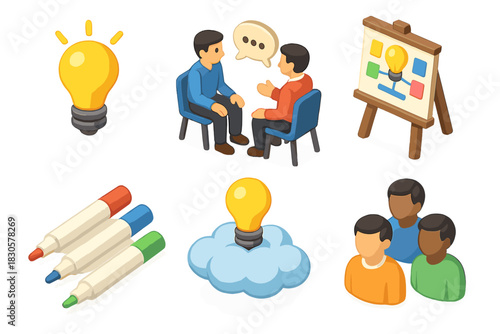 Creative collaboration and brainstorming with idea sharing and communication icons