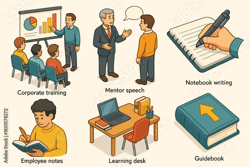 Corporate training and mentorship scenes with diverse learning activities and tools