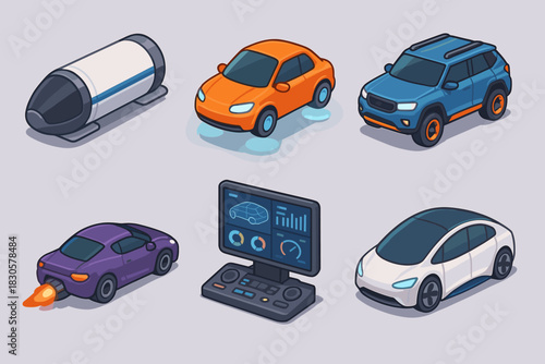Isometric cartoon futuristic vehicles and dashboard interface collection