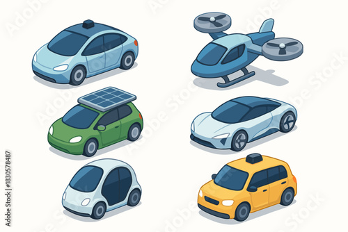 Futuristic transportation: flying car, solar vehicle, autonomous taxi, electric cars