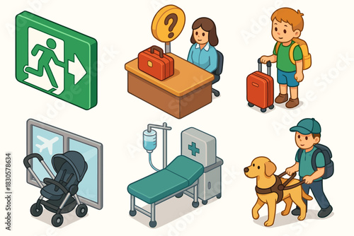 Travel and accessibility icons: airport information, luggage, assistance, stroller, medical care, guide dog