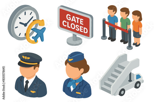 Isometric airport elements with staff, clock, gate sign, boarding queue, stairs