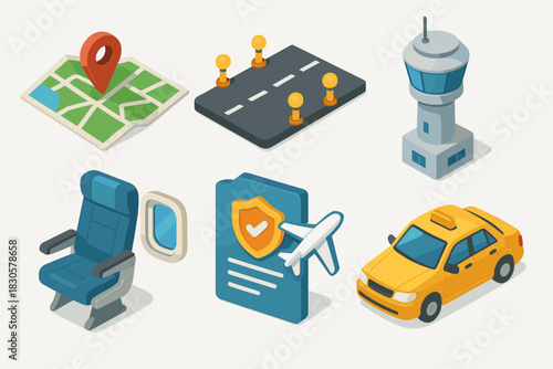 Isometric travel icons featuring map, runway, control tower, airplane seat, travel document, taxi
