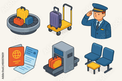 Airport elements: luggage, passport, security check, seating, male airline staff illustration