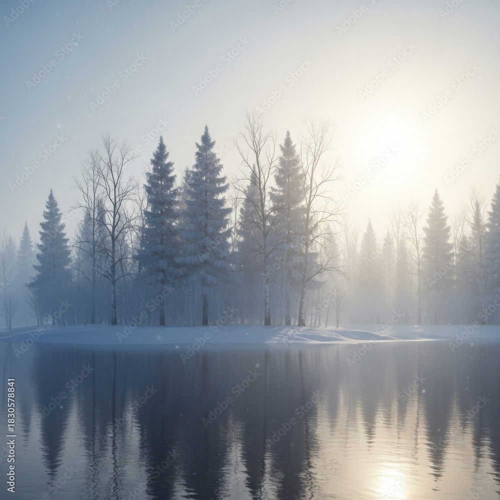 Fototapeta premium Serene winter landscape with reflective water surface and misty forest backdrop