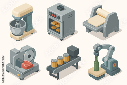 Isometric kitchen equipment set: mixer, oven, dough roller, meat slicer, conveyor, robotic arm