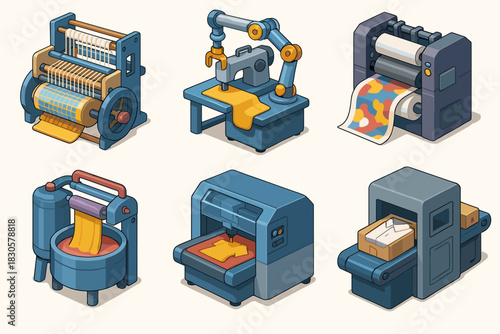Collection of isometric industrial machines for fabric and material processing