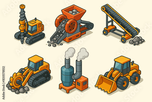 Cartoon construction vehicles and equipment set with drill, conveyor, and loader