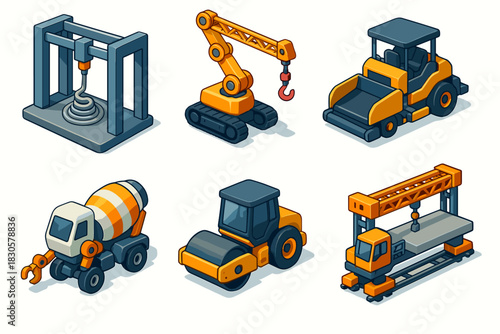 Isometric construction vehicles and machinery set with crane, bulldozer, mixer, compactor