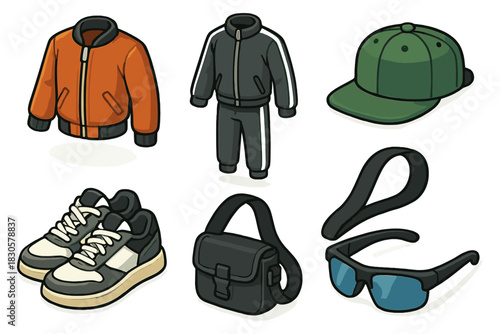 Casual streetwear and accessories collection with sneakers jacket hat