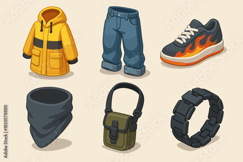 Colorful cartoon clothing and accessories - jacket, jeans, shoes, bandana, bag, bracelet