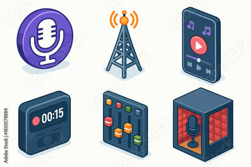 Isometric audio and broadcasting icons featuring microphone antenna music player timer mixer sound booth