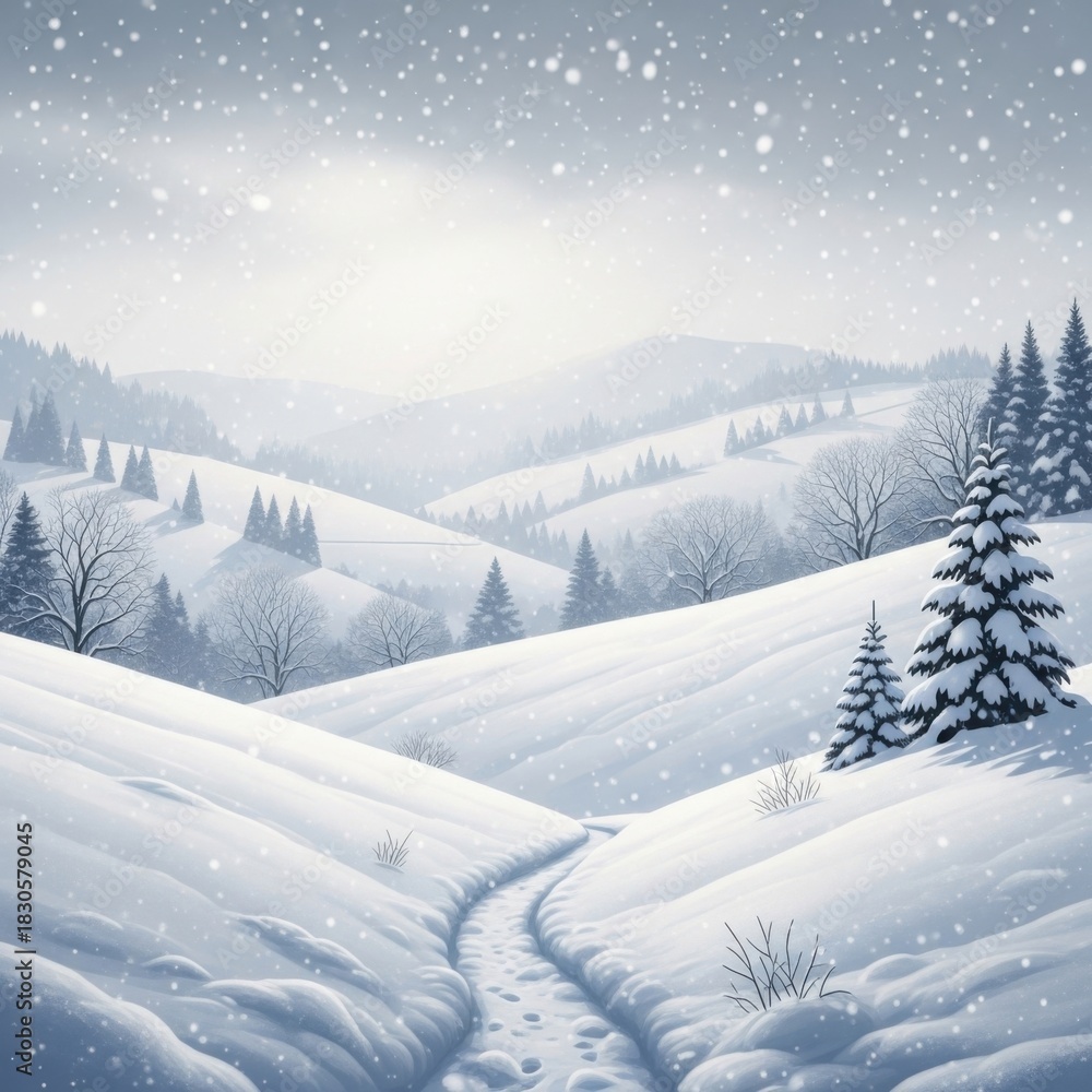 custom made wallpaper toronto digitalSerene snowy valley with coniferous trees painting in gentle snowfall
