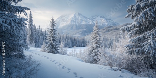 Winter mountain scene with footpath in snow among fir trees, emphasizing seasonal change