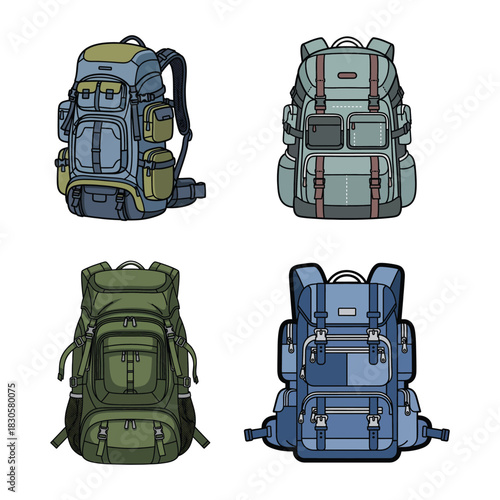 Set of hiking and travel backpacks in flat vector illustration