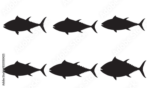 A row of six tuna fish silhouettes swimming in a simple pattern