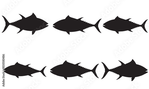 Two rows of black tuna fish silhouettes swimming in formation