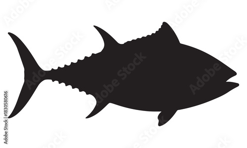 A bold black silhouette of a tuna fish on a white background