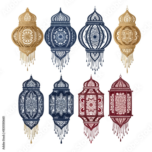 A collection of colorful Moroccan lanterns with intricate designs in gold, blue, and red, presented on a white background. Perfect for cultural events, festive decorations, and interior