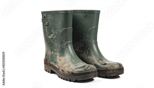 Muddy green wellington boots on white.