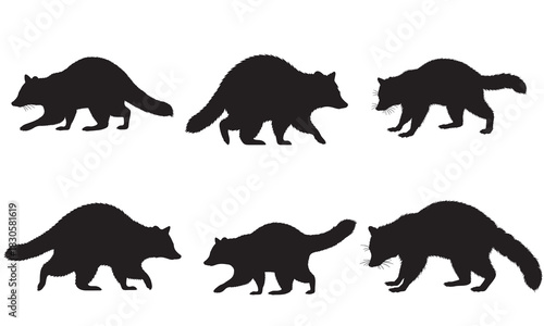Collection of six black raccoon silhouettes in various poses silhouette