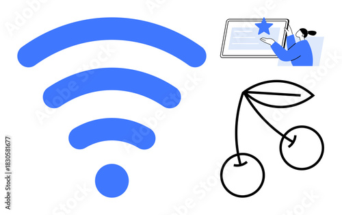 wireless signal, person engaging with digital content on a tablet, stylized cherries. Ideal for technology, online interaction, internet access, learning, communication, productivity lifestyle