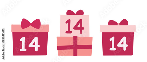Set of Valentine's Day gift box with 14 number pattern flat vector illustration.
Valentine's Day gift wrapping illustration.
White background.