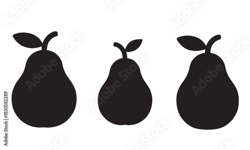 Three simple black pear silhouettes with stems and leaves on a white background silhouette