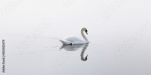Fototapeta Naklejka Na Ścianę i Meble -  White swan floating on water with a white background, suitable for text overlay design