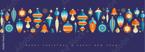 Holiday Christmas poster or banner with tree toys, baubles, knick knacks, pine cones and decorations. Christmas greeting card design. Vector illustration.