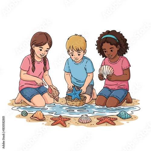 Three diverse children playing with starfish and seashells on a sandy beach with a shallow pool of water.