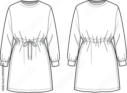 Casual long sleeve dress fashion flat sketch featuring elastic waist with adjustable drawstring, relaxed silhouette, cuffed sleeves and clean vector technical illustration design.