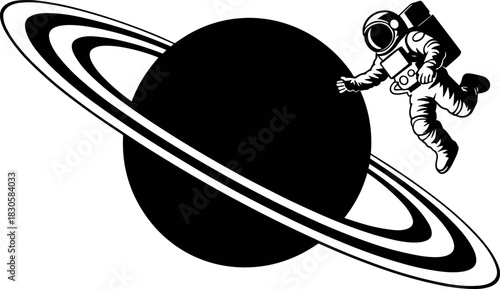 Monochrome Vector Illustration of Astronaut Floating Near Ringed Planet Saturn | Cosmic Exploration, Space Travel, and Galactic Adventure Graphic Design Element for Decals or Logos