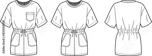 Casual T-shirt dress fashion flat sketch with drawstring waist, front pockets, technical vector illustration showing front and back garment details.