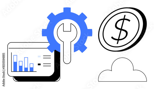 Gear with wrench overlays chart, coin, and cloud, highlighting solutions, innovation, financial growth, and cloud tech. Ideal for business tools, analytics finance development SaaS cloud
