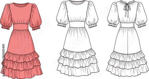 Detailed fashion flat illustration of tiered ruffle dress with puff sleeves, fitted waist, front and back views in clean vector style.