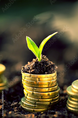 Golden coins in soil with young plant. Money growth concept.