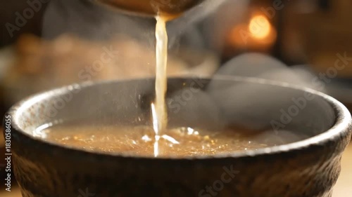 Steaming Broth Poured into Bowl: Comfort Food
